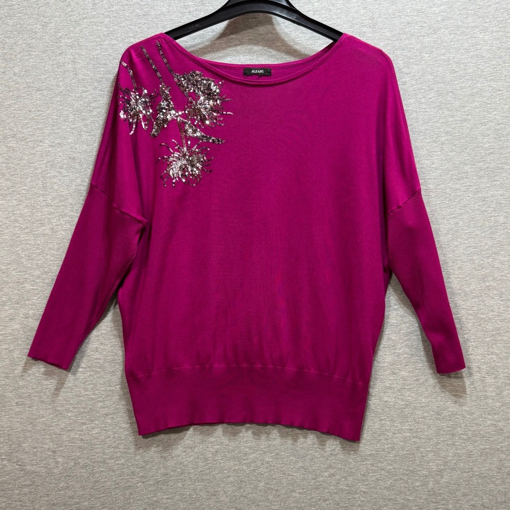 Alfani Sequin Floral Dolman Sweater Womens Large Magenta Boat Neck Knit Top